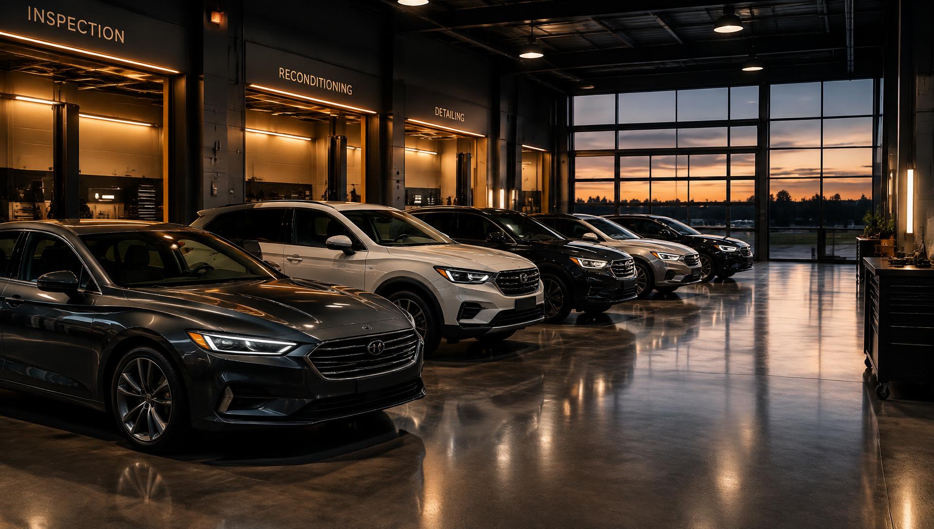Vehicles lined up in a reconditioning facility