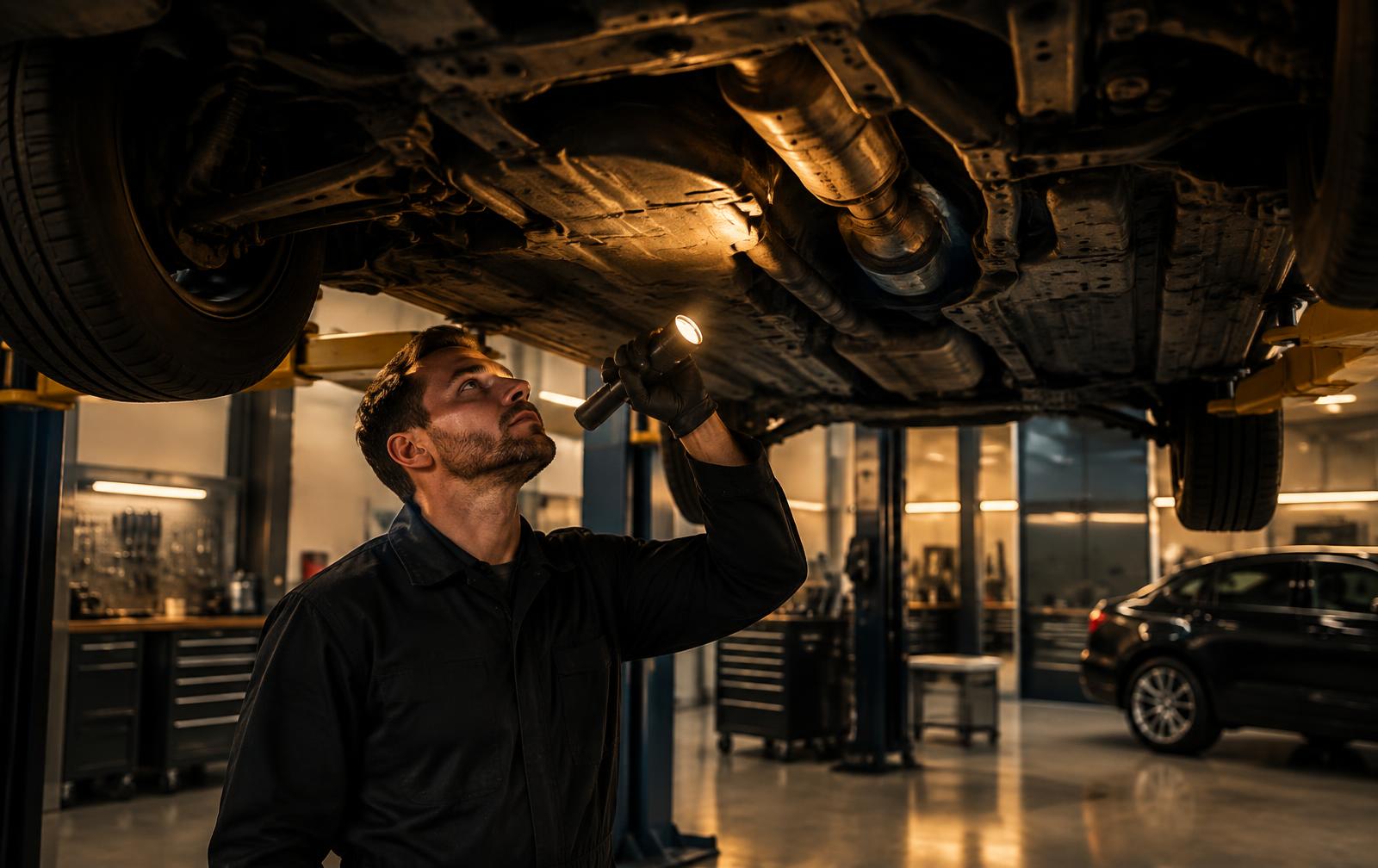 Technician inspecting the underside of a car