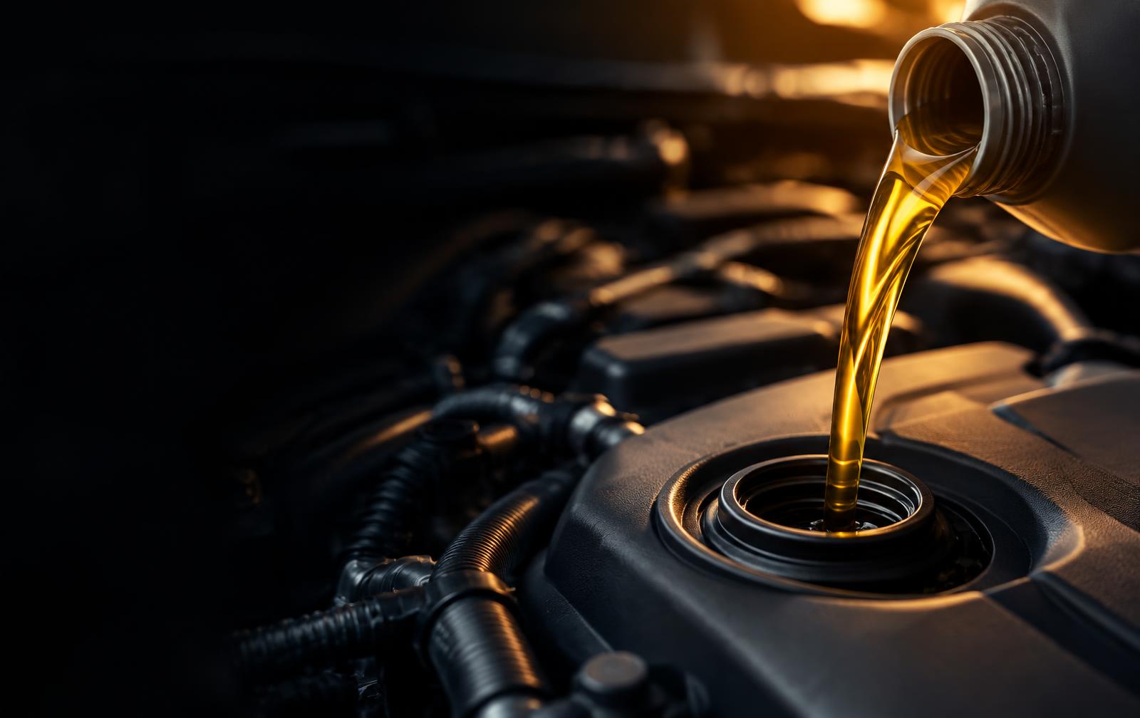 Synthetic oil being poured into a modern engine